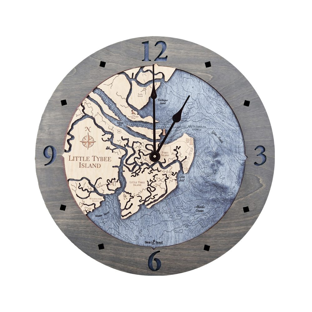 Little Tybee Island Nautical Map Clock Driftwood Accent with Deep Blue Water