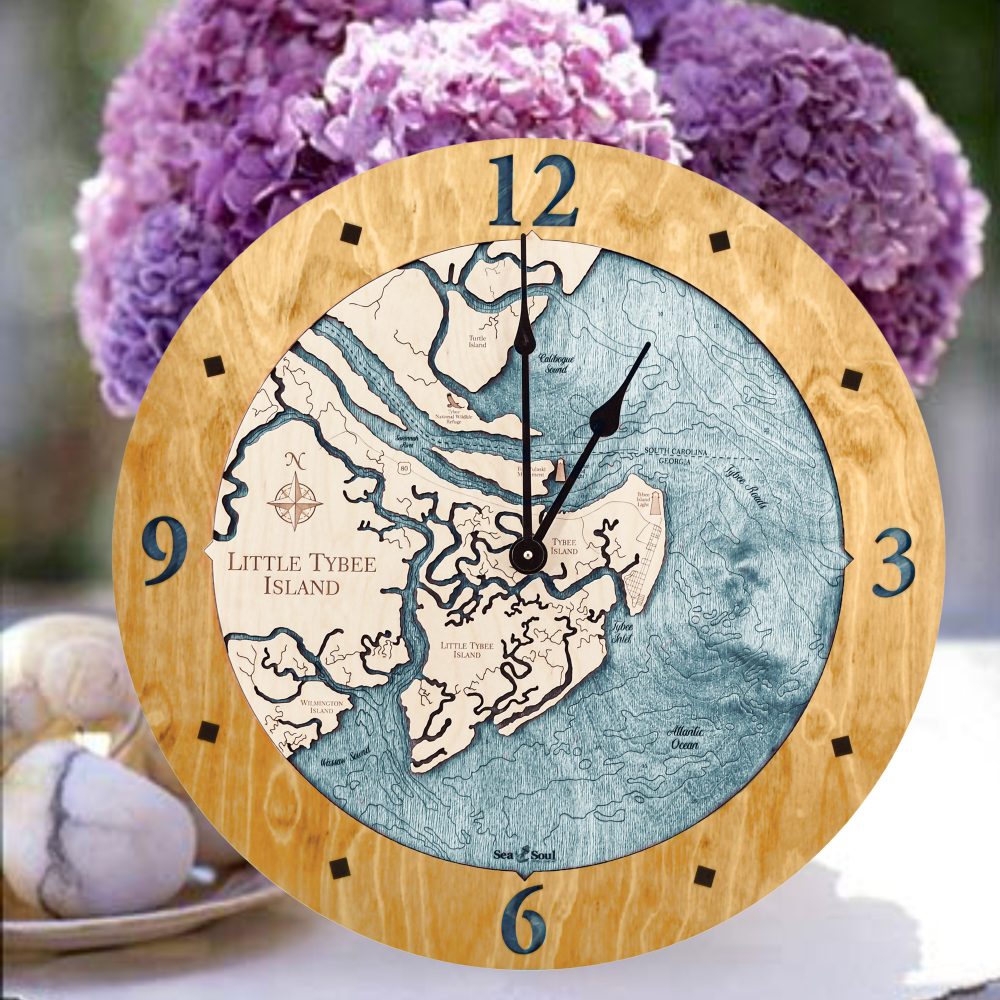 Little Tybee Island Nautical Map Clock Honey Accent with Blue Green Water Sitting on Table with Flowers