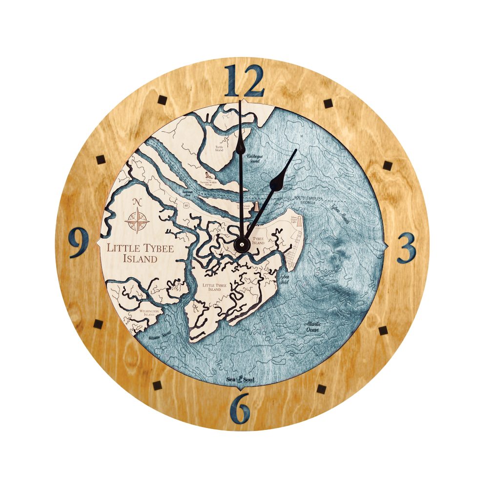 Little Tybee Island Nautical Map Clock Honey Accent with Blue Green Water