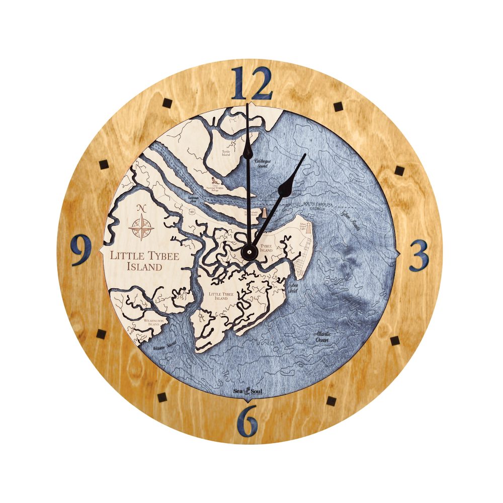 Little Tybee Island Nautical Map Clock Honey Accent with Deep Blue Water