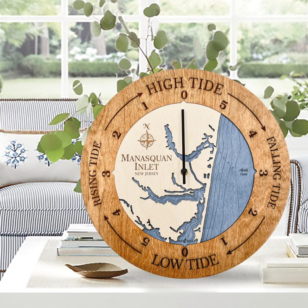 Manasquan Inlet Tide Clock Americana Accent with Deep Blue Water Sitting on Coffee Table