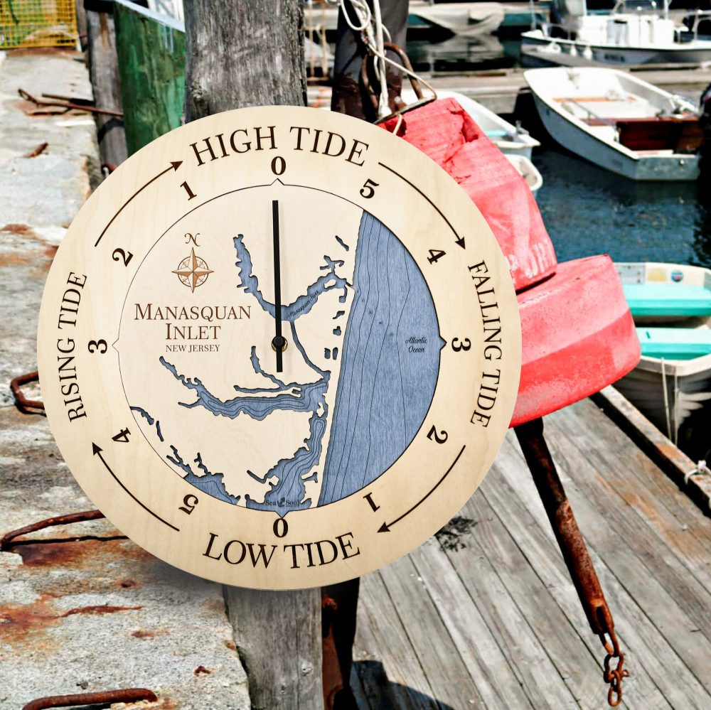 Manasquan Inlet Tide Clock Birch Accent with Deep Blue Water Hanging on Post by Dock