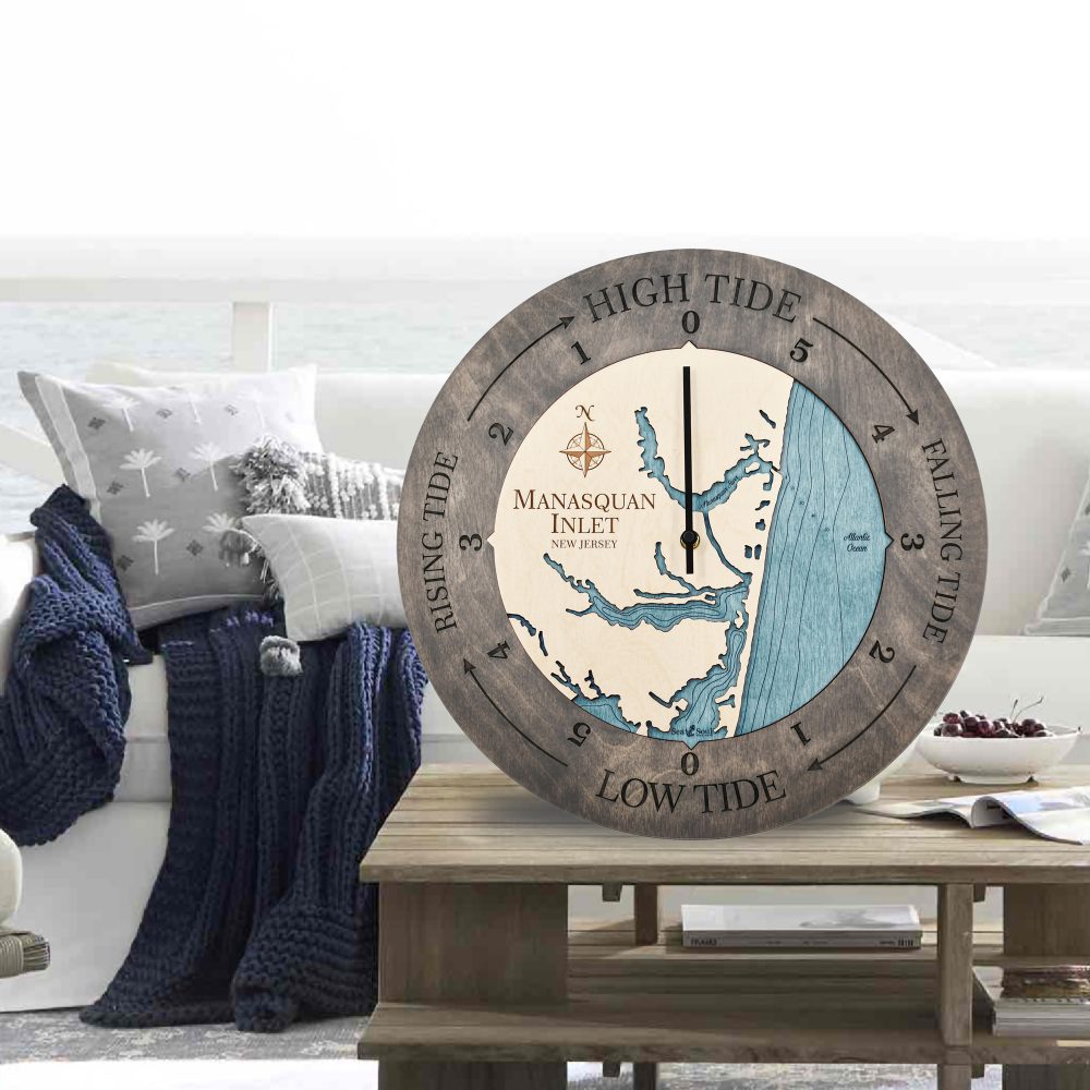 Manasquan Inlet Tide Clock Driftwood Accent with Blue Green Water Sitting on Outdoor Table