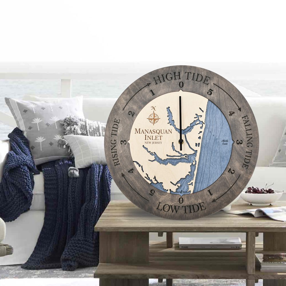 Manasquan Inlet Tide Clock Driftwood Accent with Deep Blue Water Sitting on Outdoor Table