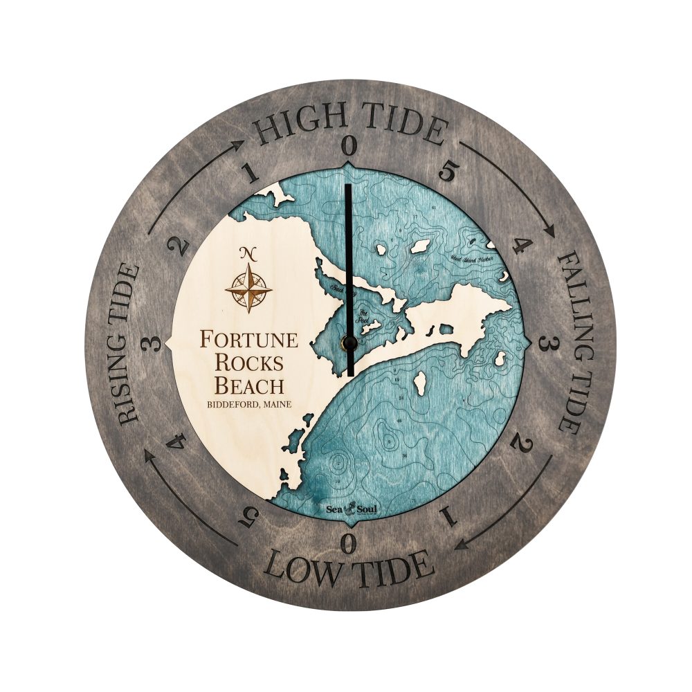 Fortune Rocks Beach Tide Clock Driftwood Accent with Blue Green Water