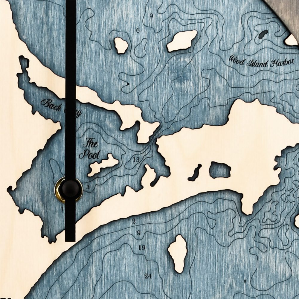 Fortune Rocks Beach Tide Clock Driftwood Accent with Deep Blue Water Detail Shot 2