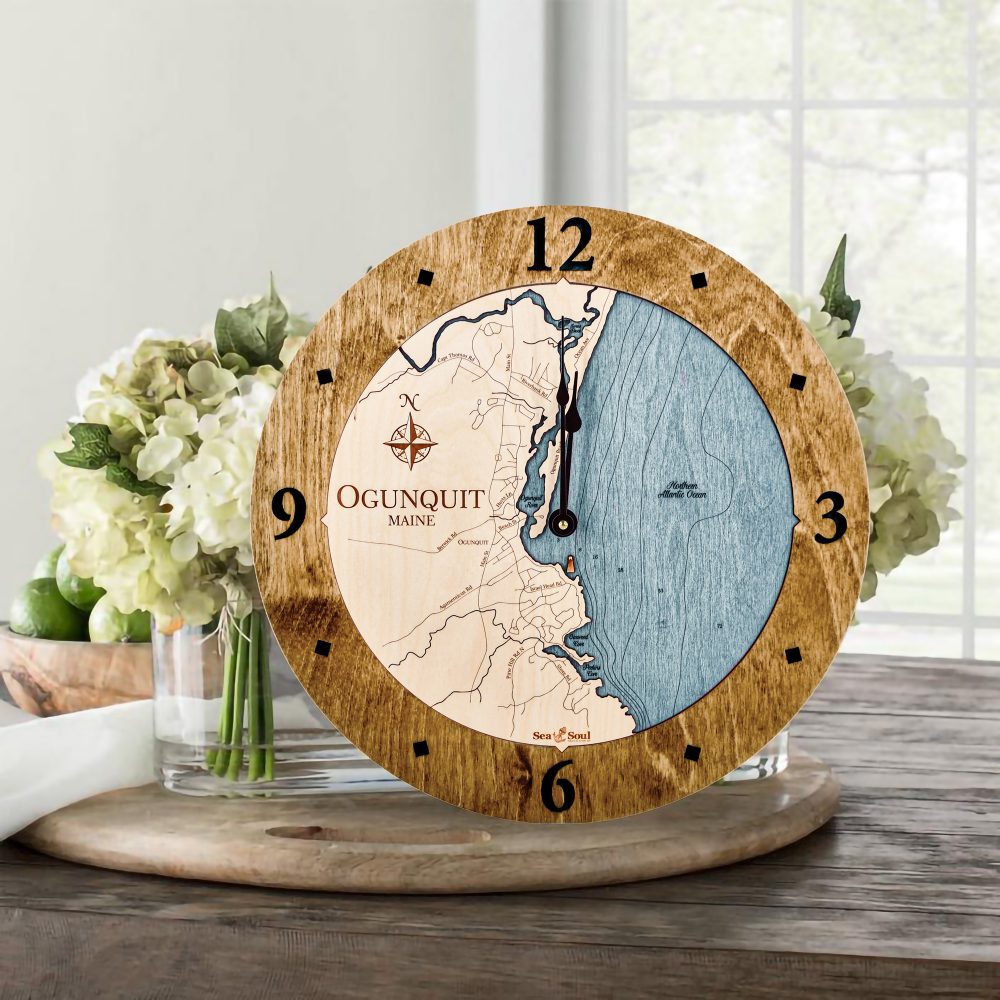 Ogunquit Nautical Clock Americana Accent with Blue Green Water Sitting on Table with Flowers