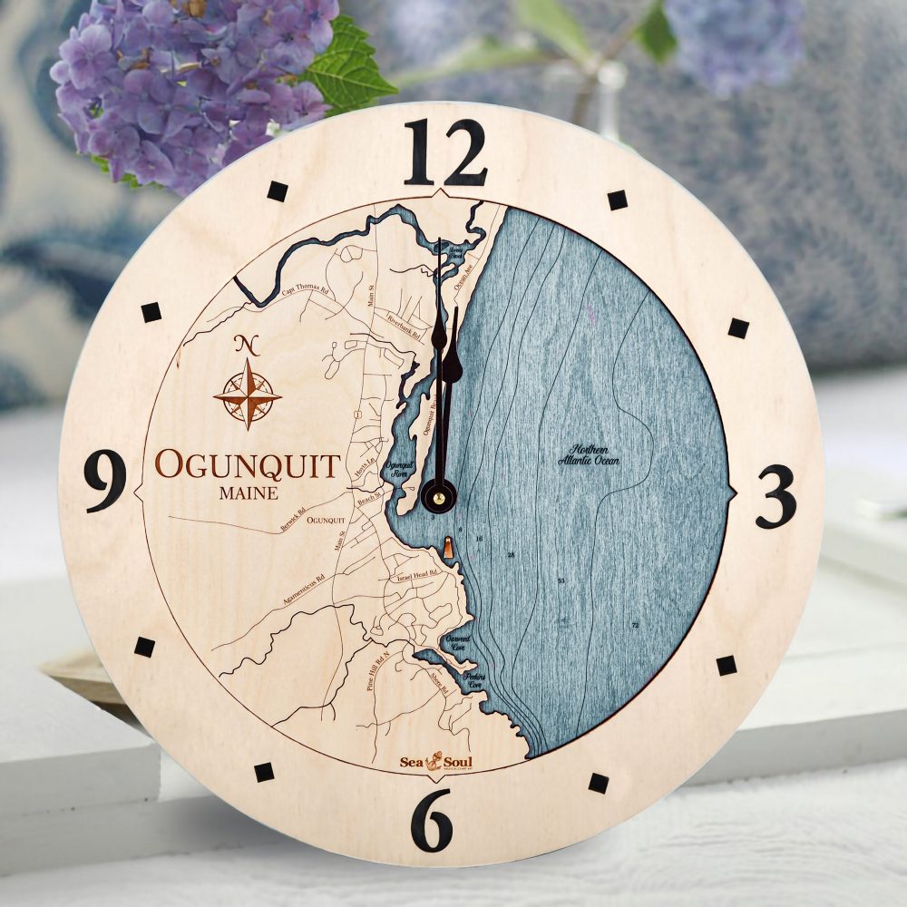 Ogunquit Nautical Clock Birch Accent with Blue Green Water Sitting on Table with Flowers