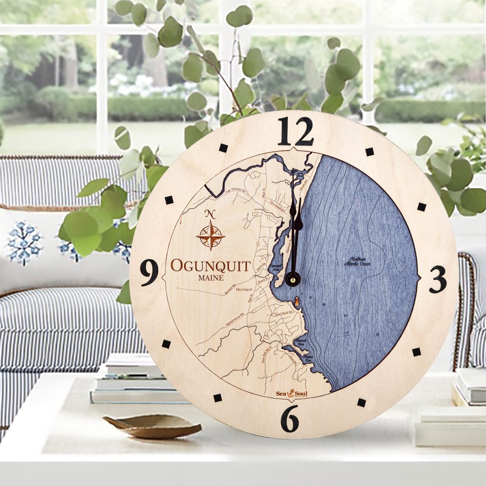 Ogunquit Nautical Clock Birch Accent with Deep Blue Water Sitting on Coffee Table