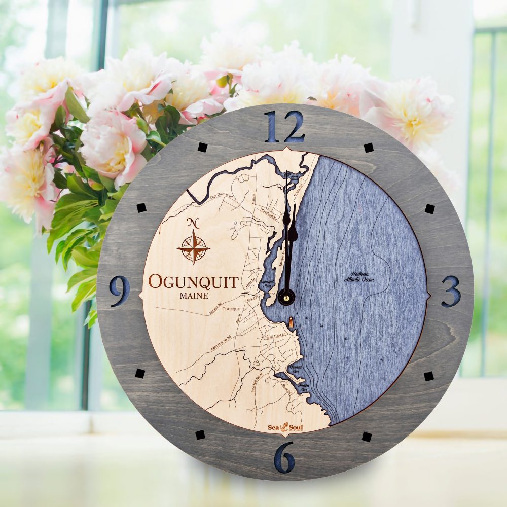 Ogunquit Nautical Clock Driftwood Accent with Deep Blue Water Sitting on Windowsill with Flowers