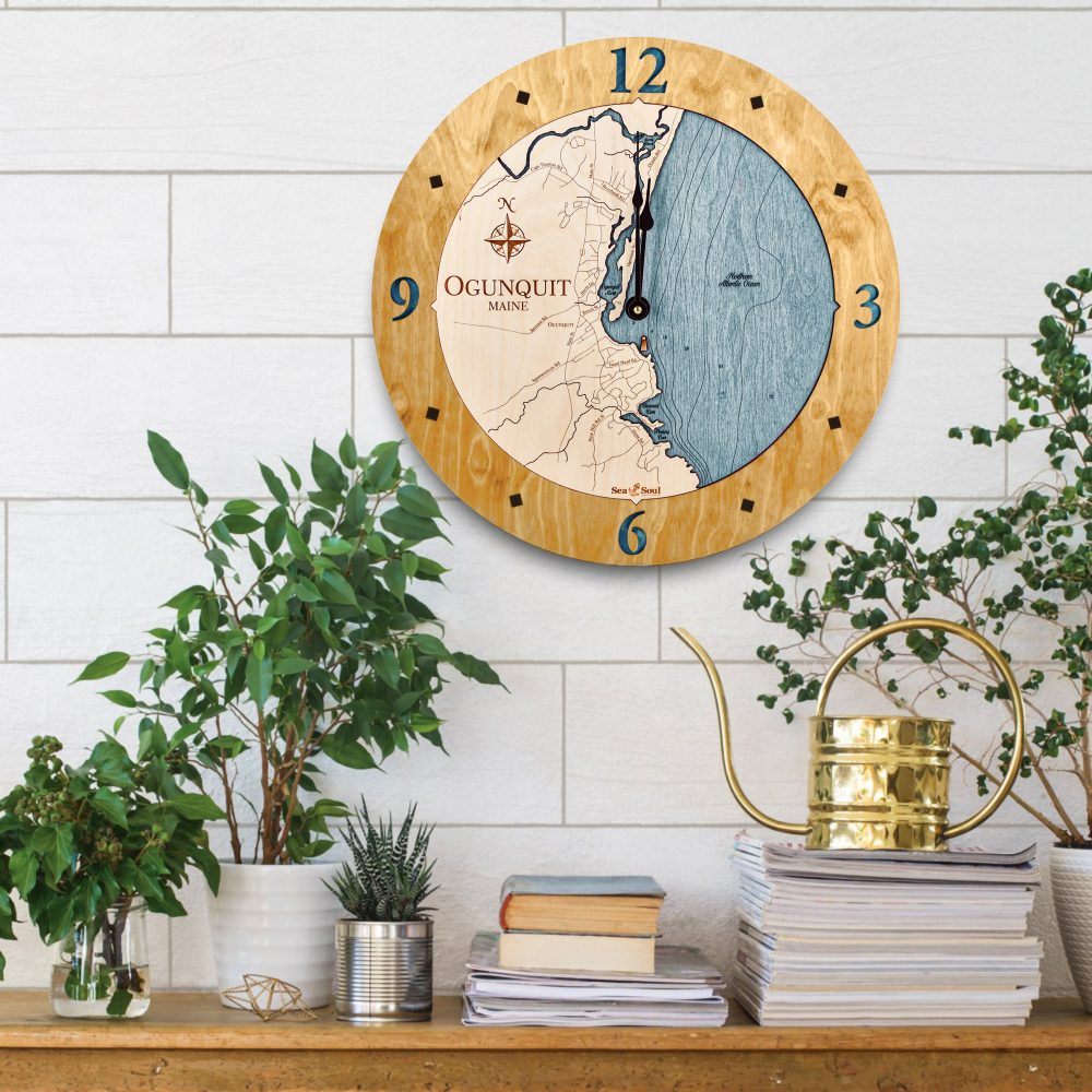 Ogunquit Nautical Clock Honey Accent with Blue Green Water Hanging on Wall