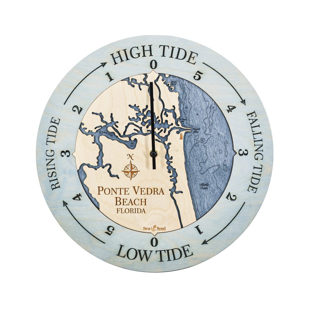 Ponte Vedra Beach Tide Clock Bleach Blue Accent with Deep Blue Water