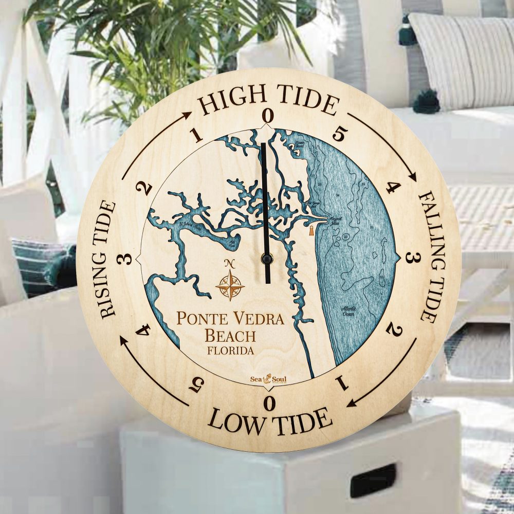 Ponte Vedra Beach Tide Clock Birch Accent with Blue Green Water Sitting on End Table