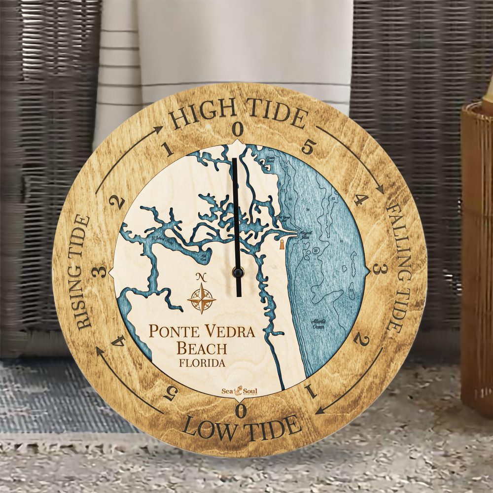 Ponte Vedra Beach Tide Clock Honey Accent with Blue Green Water Sitting Outdoors by Wicker Chair