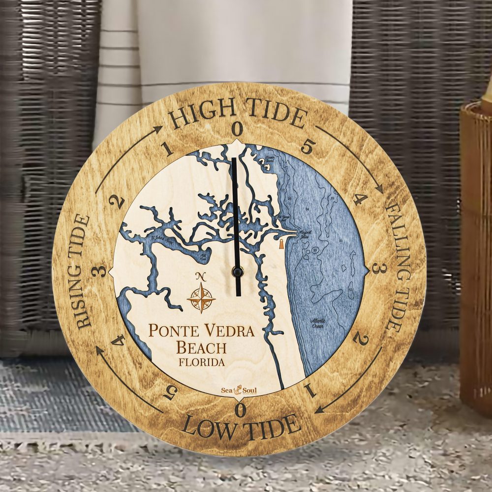 Ponte Vedra Beach Tide Clock Honey Accent with Deep Blue Water Sitting Outdoors by Wicker Chair