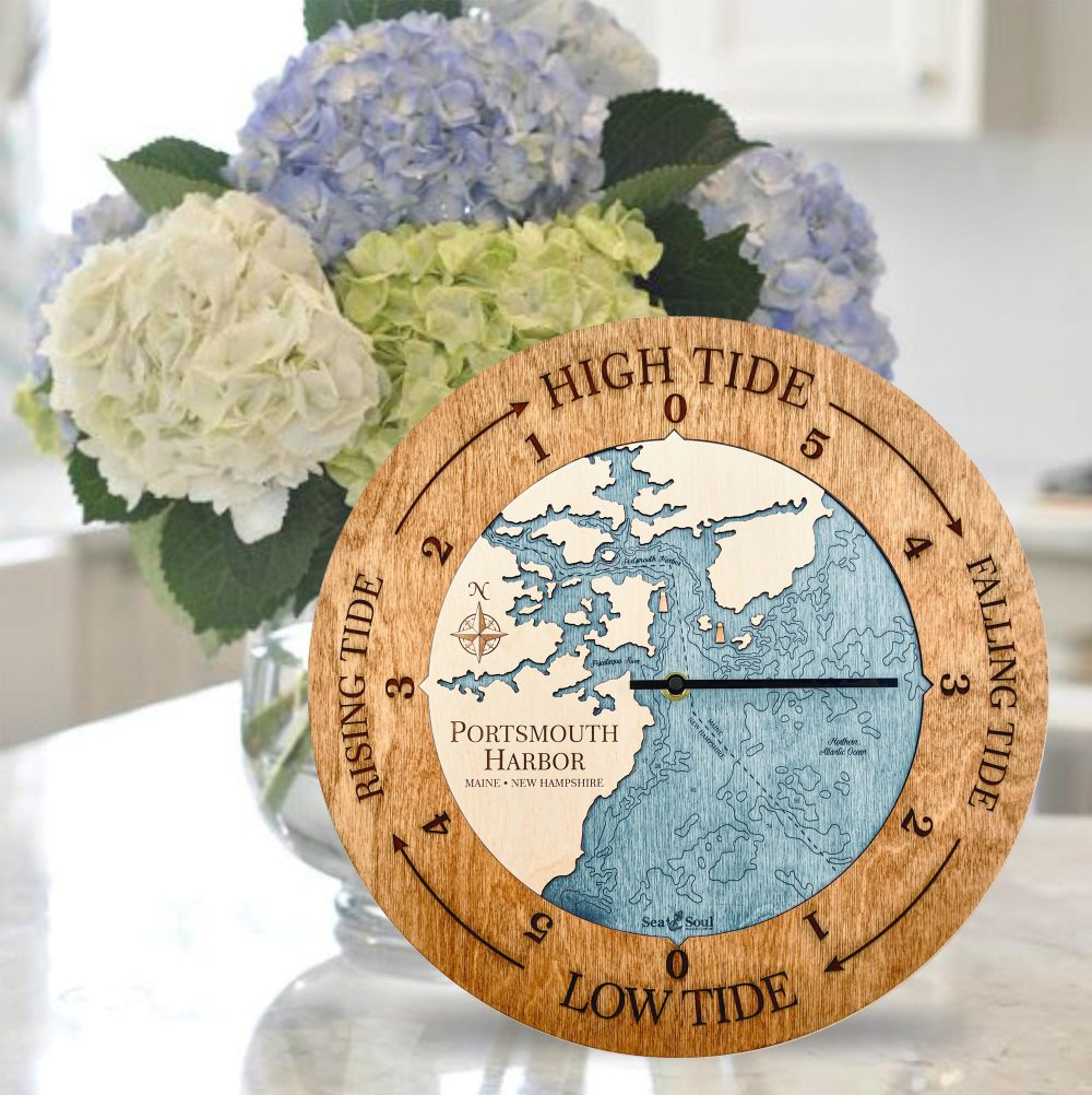 Portsmouth Harbor Tide Clock Americana Accent with Blue Green Water Sitting on Countertop with Flowers