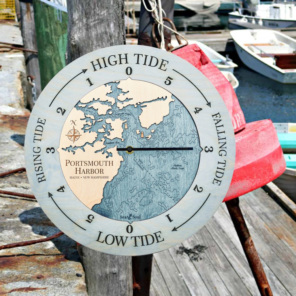 Portsmouth Harbor Tide Clock Bleach Blue Accent with Blue Green Water Sitting on Post by Docks