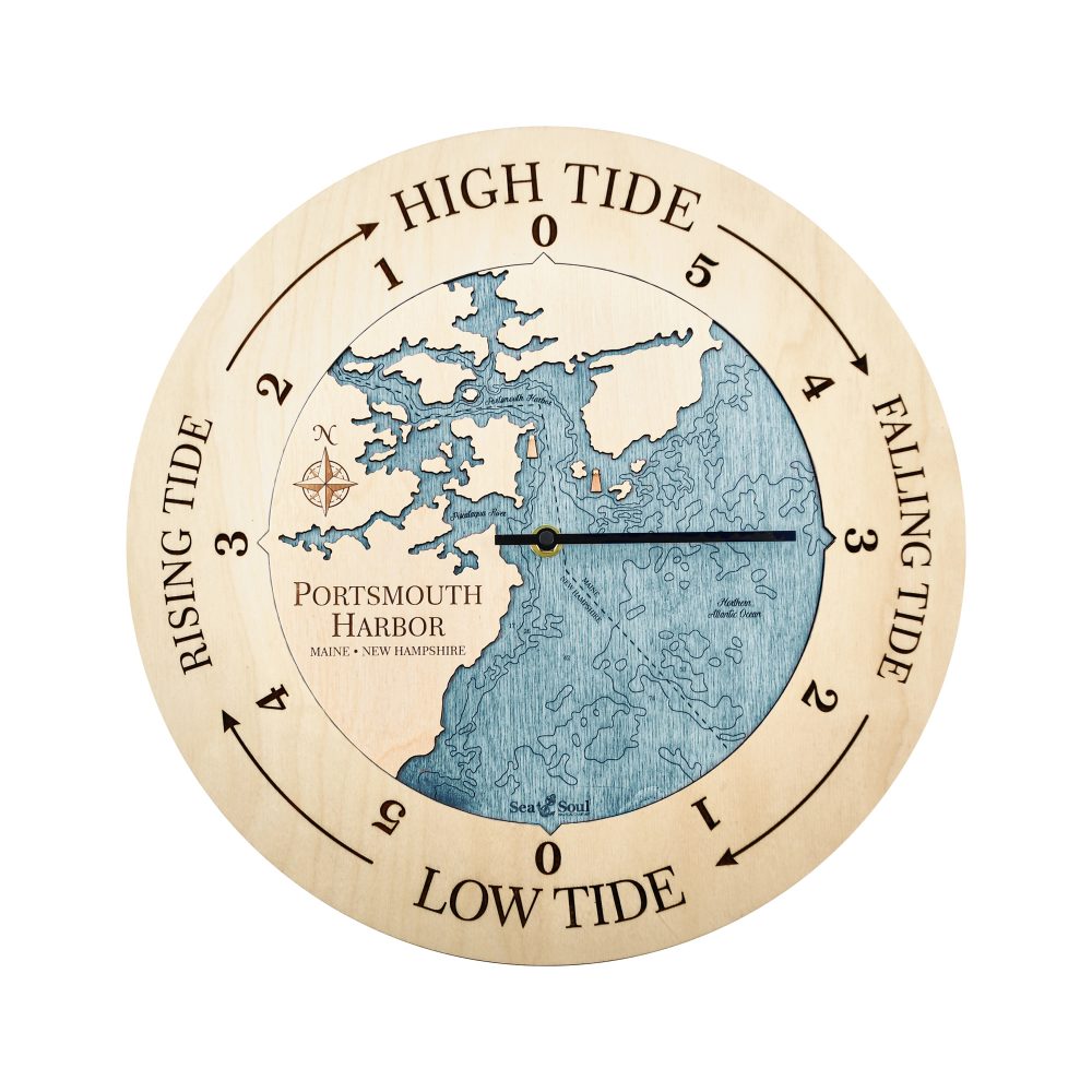 Portsmouth Harbor Tide Clock Birch Accent with Blue Green Water