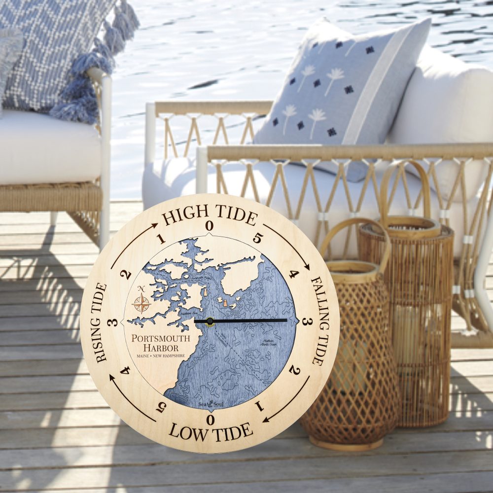 Portsmouth Harbor Tide Clock Birch Accent with Deep Blue Water Sitting by Outdoor Chair