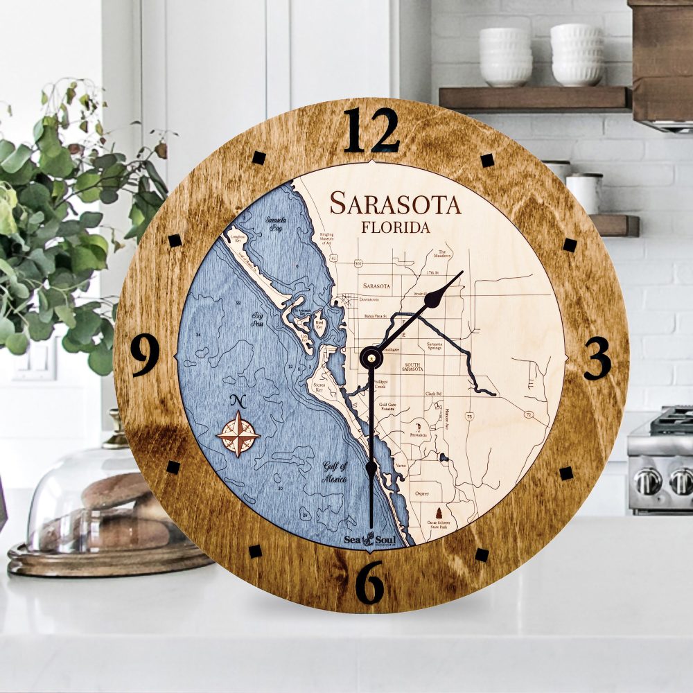 Sarasota Nautical Clock Americana Accent with Deep Blue Water Sitting on Countertop