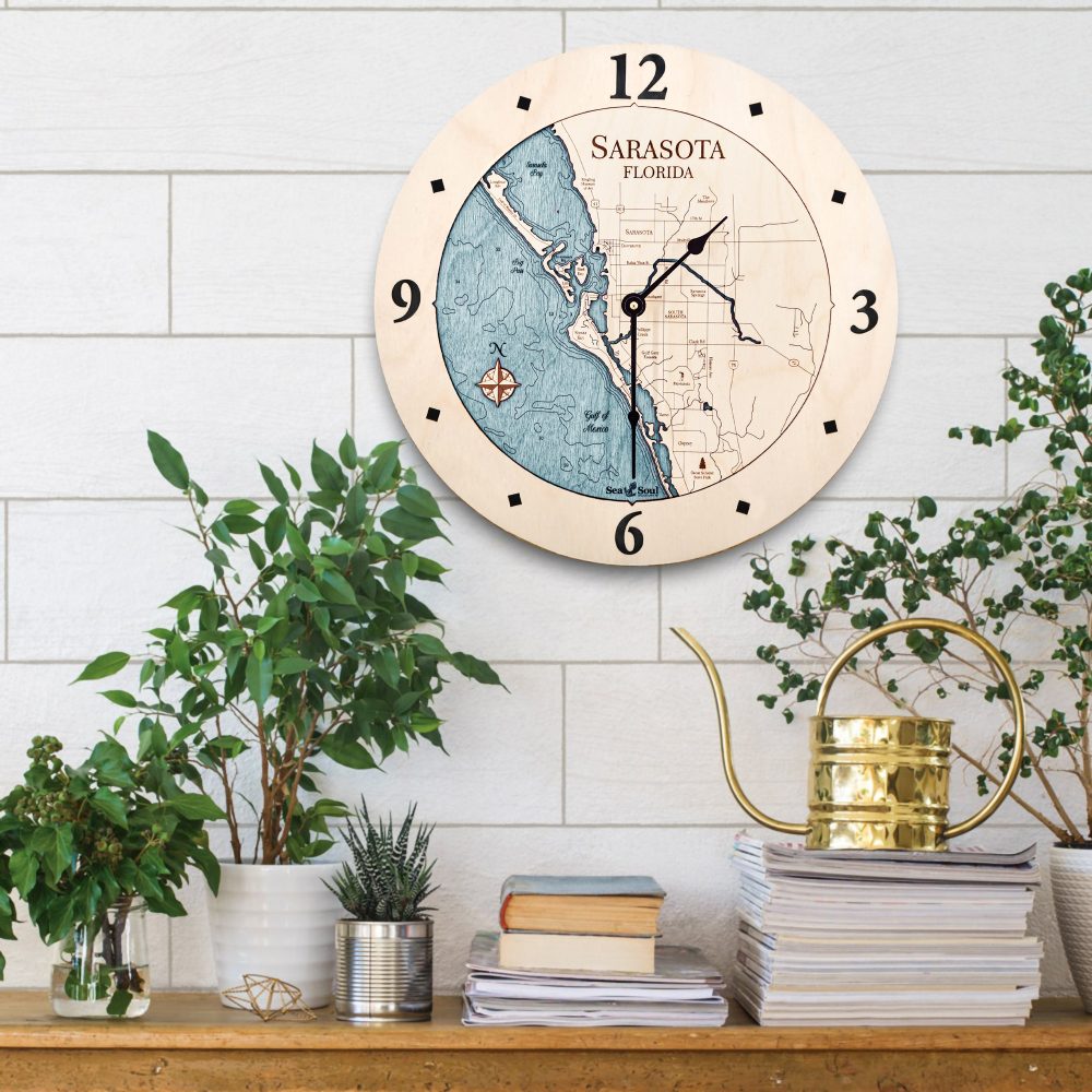 Sarasota Nautical Clock Birch Accent with Blue Green Water Hanging on Wall