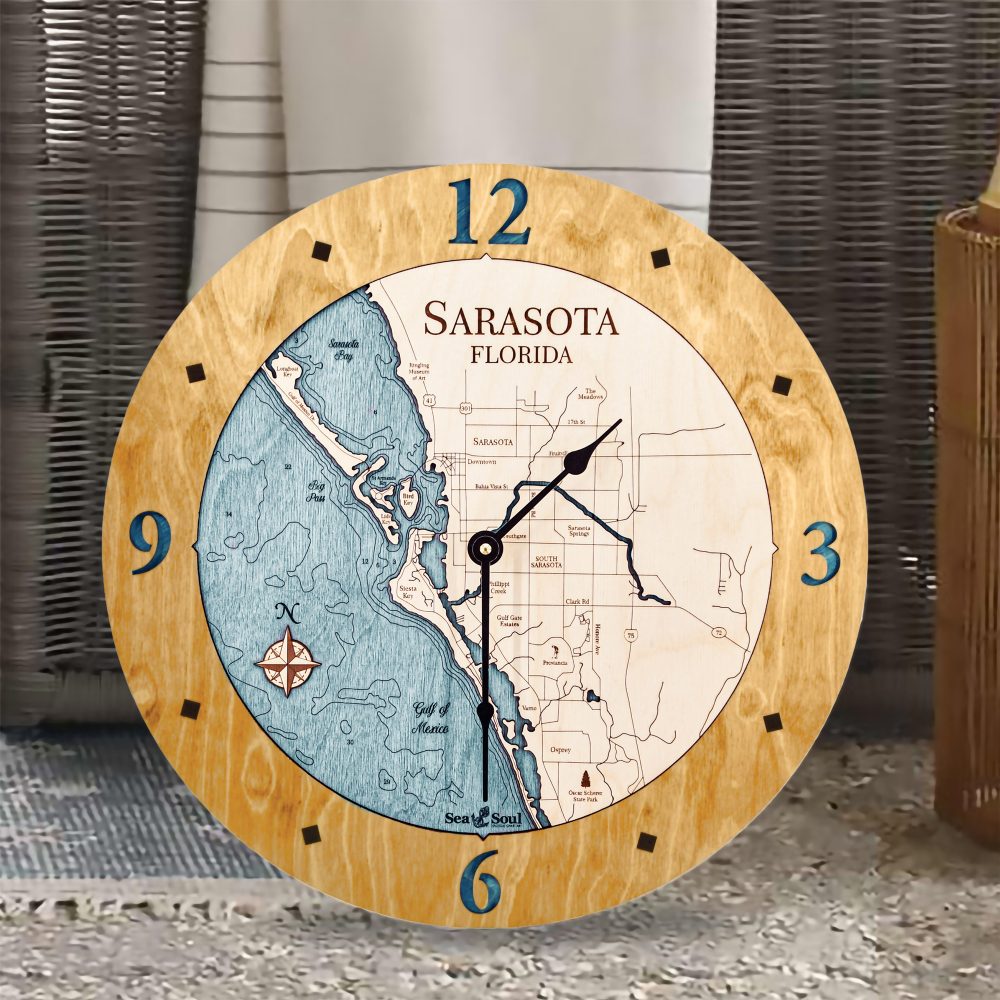 Sarasota Nautical Clock Honey Accent with Blue Green Water Sitting on Ground by Wicker Chair