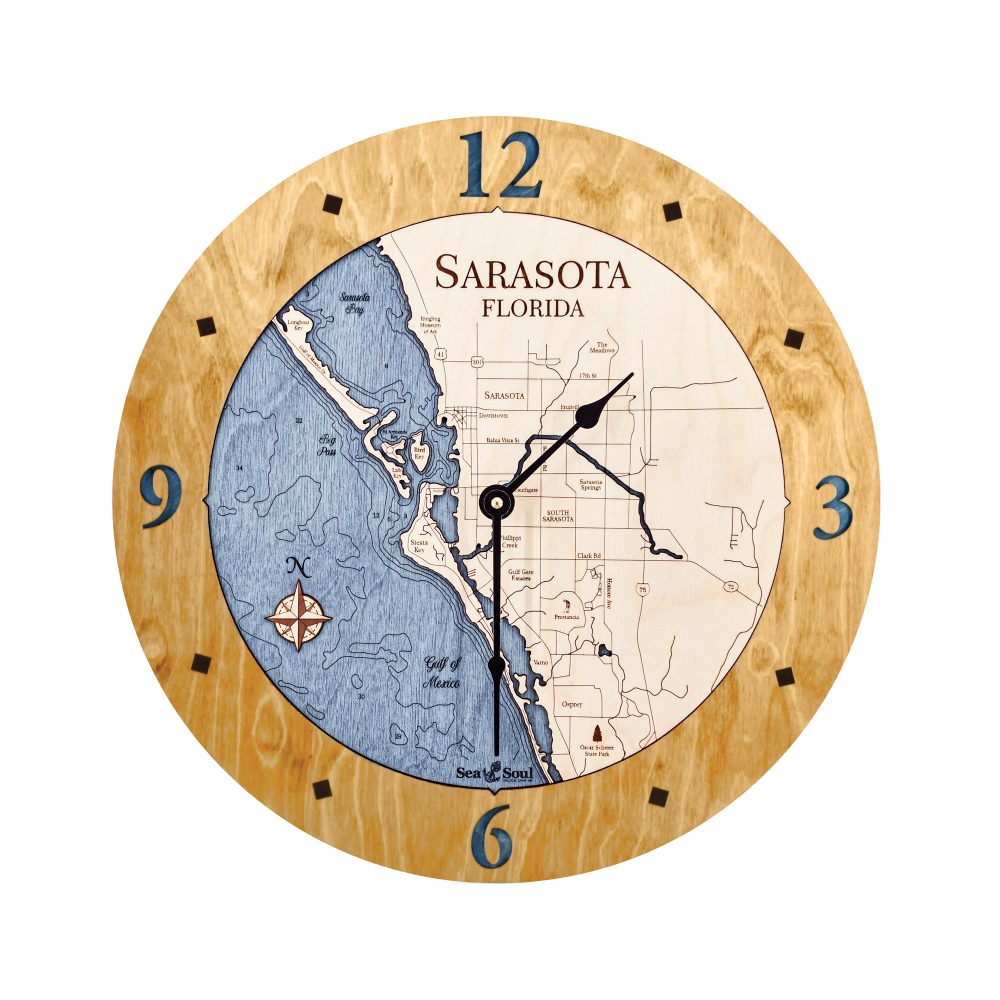 Sarasota Nautical Clock Honey Accent with Deep Blue Water