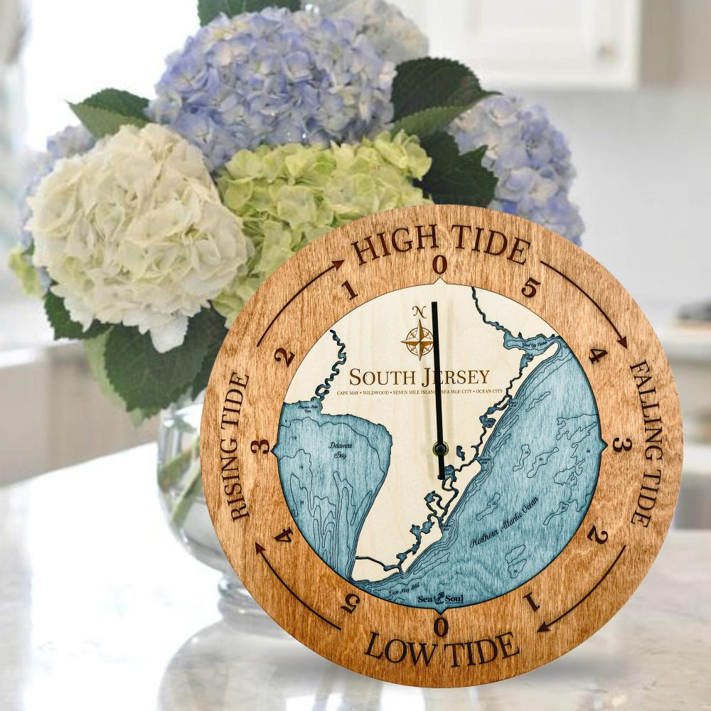 South Jersey Tide Clock Americana Accent with Blue Green Water Sitting on Countertop with Flowers
