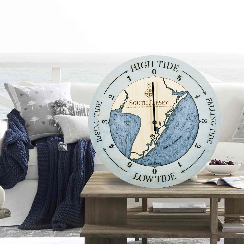 South Jersey Tide Clock Bleach Blue Accent with Deep Blue Water Sitting on Outdoor Table