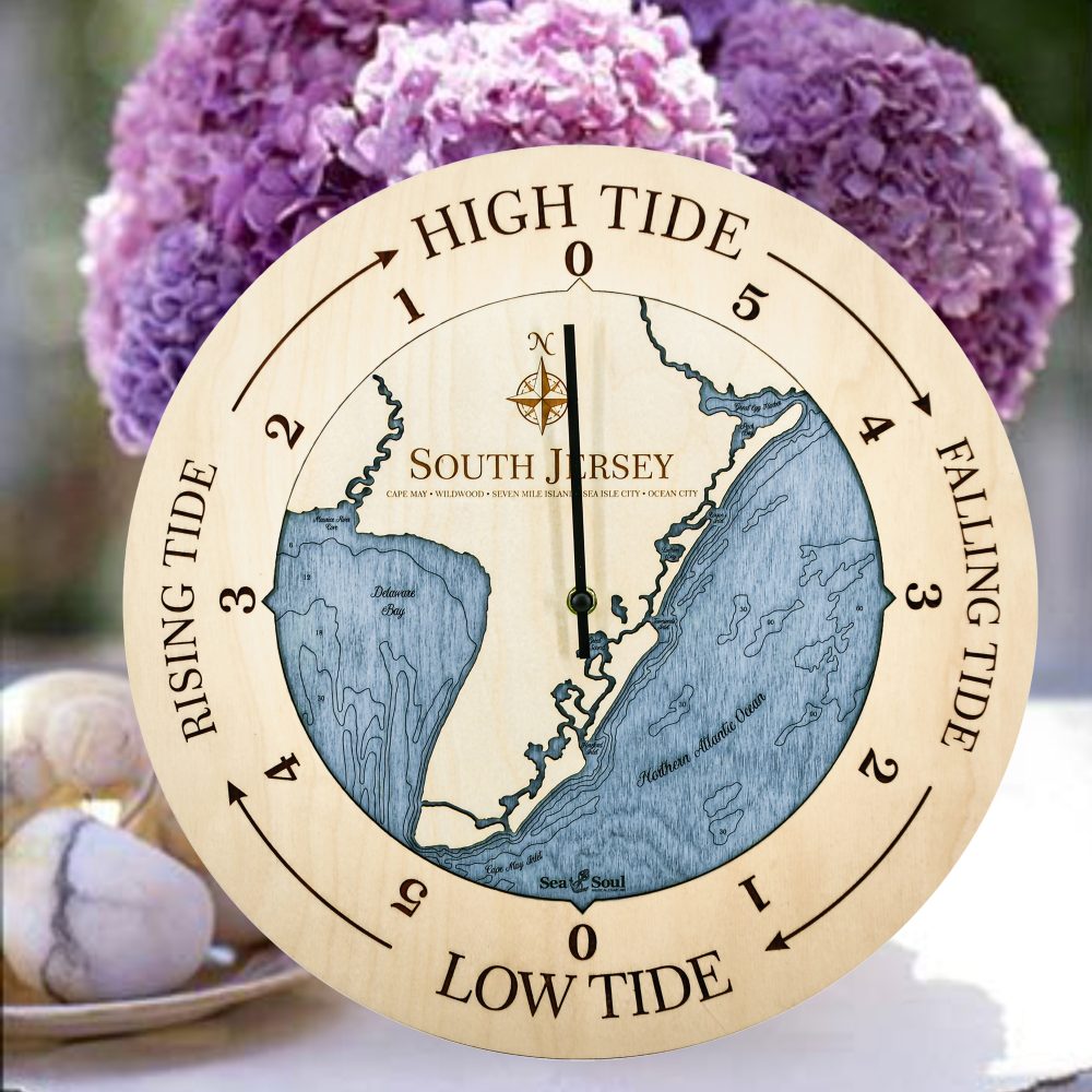 South Jersey Tide Clock Birch Accent with Deep Blue Water Sitting on Table with Flowers