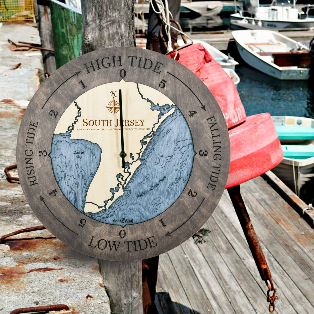 South Jersey Tide Clock Driftwood Accent with Deep Blue Water Hanging on Dock Post