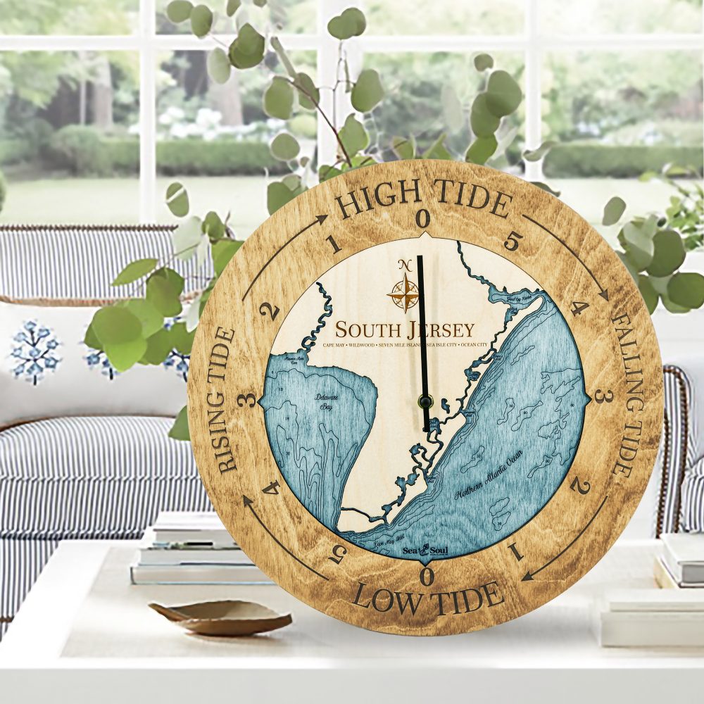South Jersey Tide Clock Honey Accent with Blue Green Water Sitting on Coffee Table