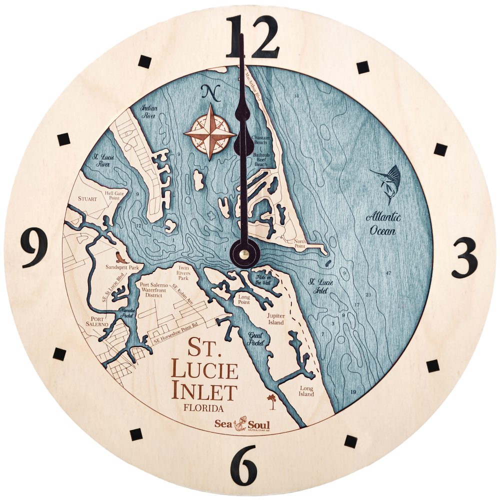 St Lucie Inlet Nautical Clock Birch Accent with Blue Green Water Product Shot