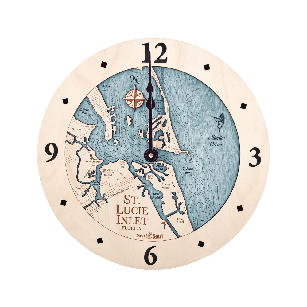 St Lucie Inlet Nautical Clock Birch Accent with Blue Green Water