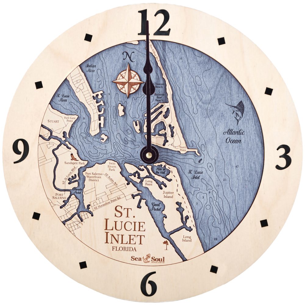 St Lucie Inlet Nautical Clock Birch Accent with Deep Blue Water Product Shot