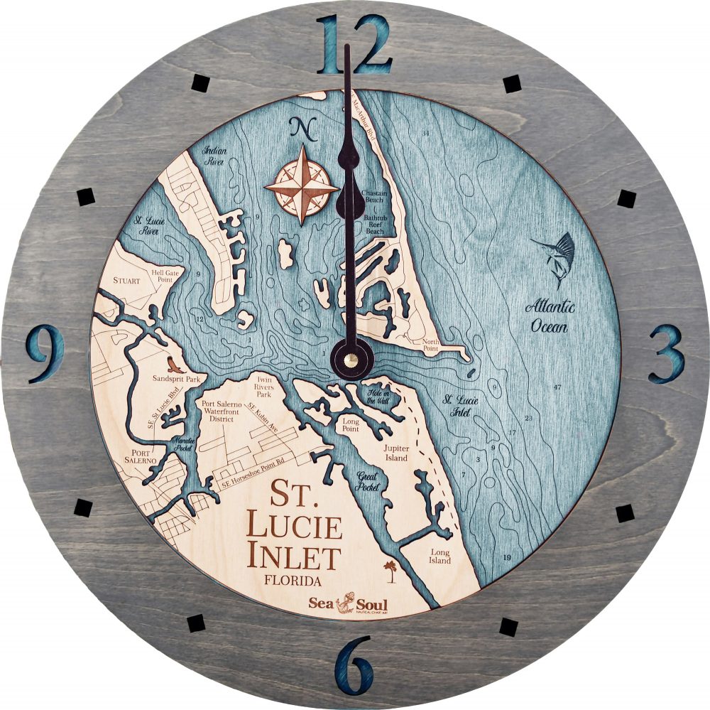 St Lucie Inlet Nautical Clock Driftwood Accent with Blue Green Water Product Shot