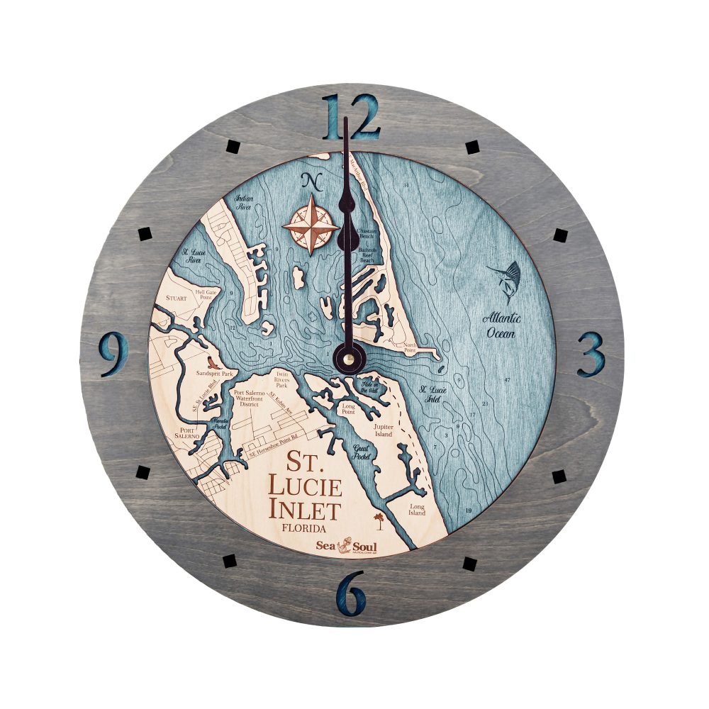 St Lucie Inlet Nautical Clock Driftwood Accent with Blue Green Water