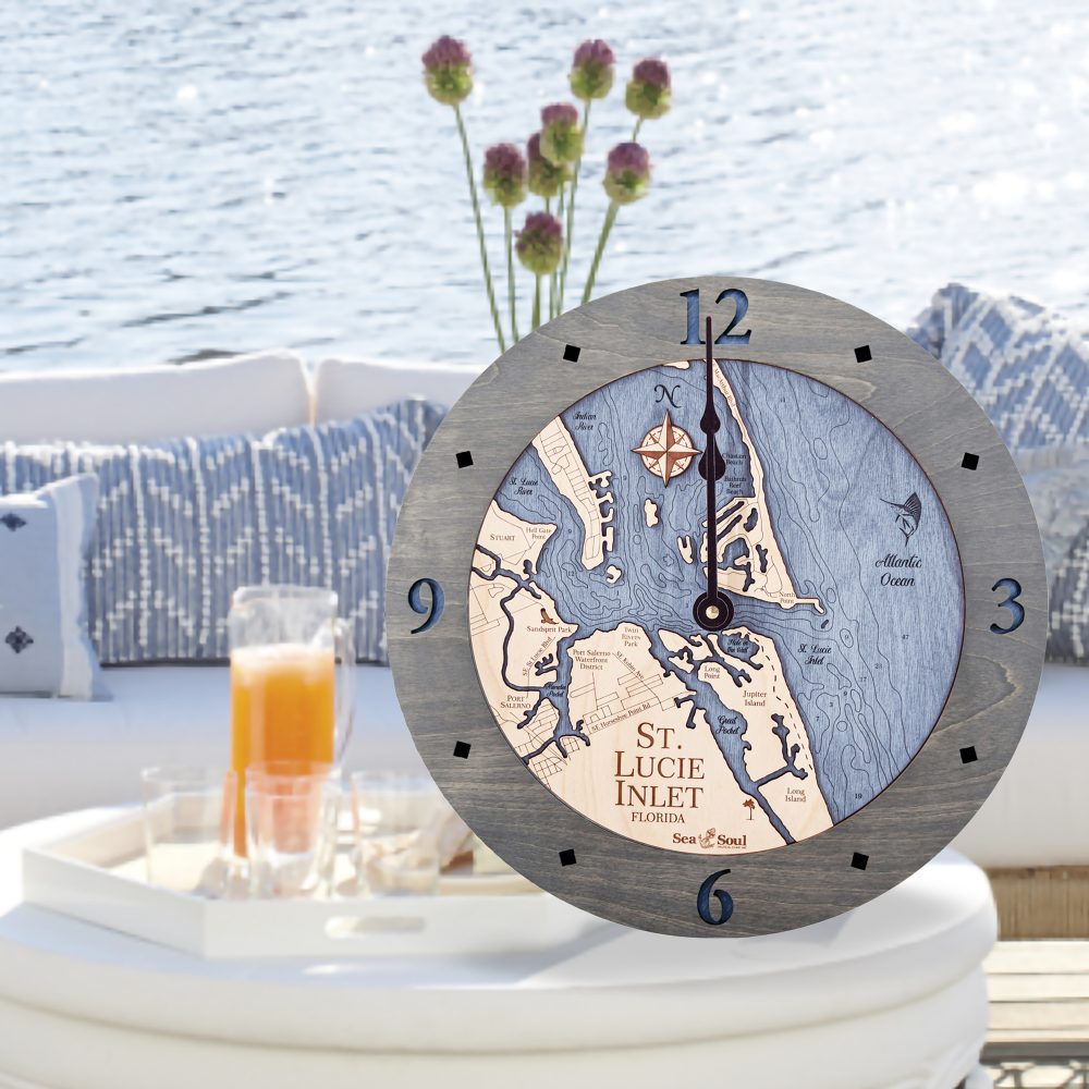 St Lucie Inlet Nautical Clock Driftwood Accent with Deep Blue Water Sitting on Outdoor Table