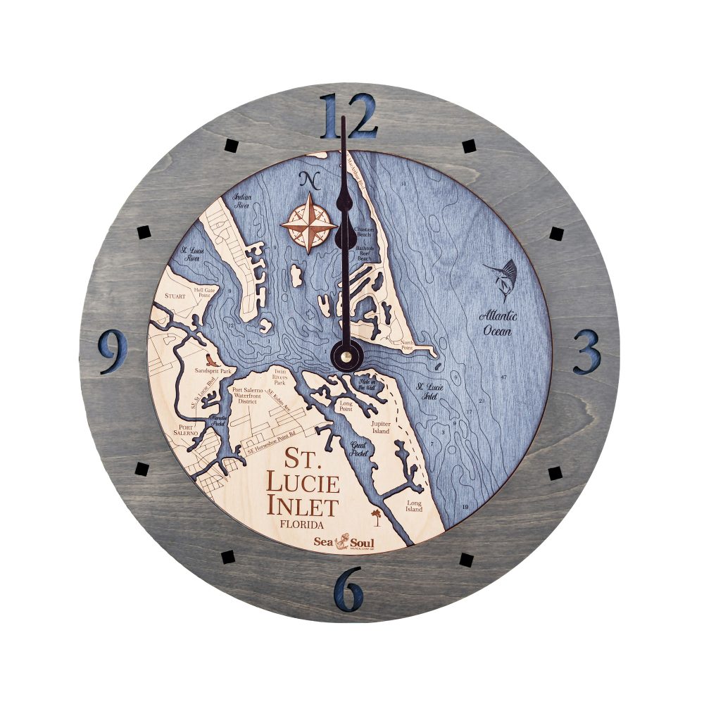 St Lucie Inlet Nautical Clock Driftwood Accent with Deep Blue Water