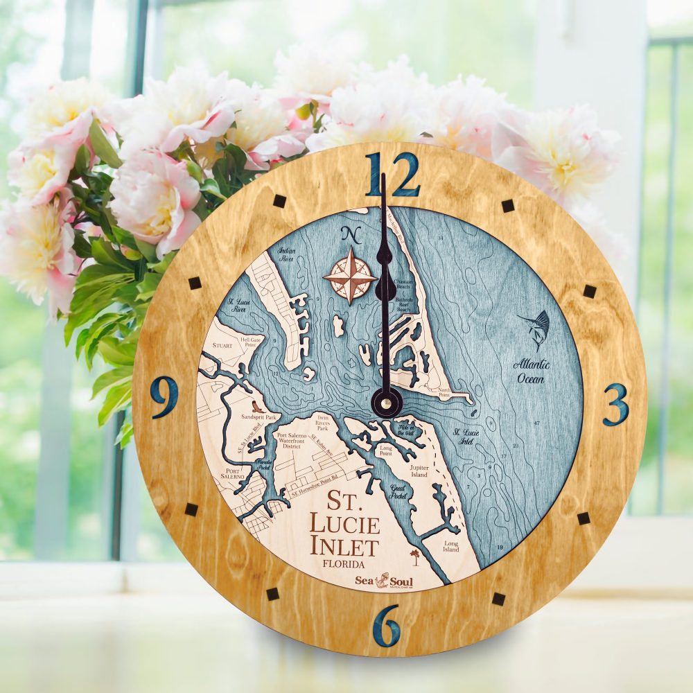 St Lucie Inlet Nautical Clock Honey Accent with Blue Green Water Sitting on Windowsill with Flowers