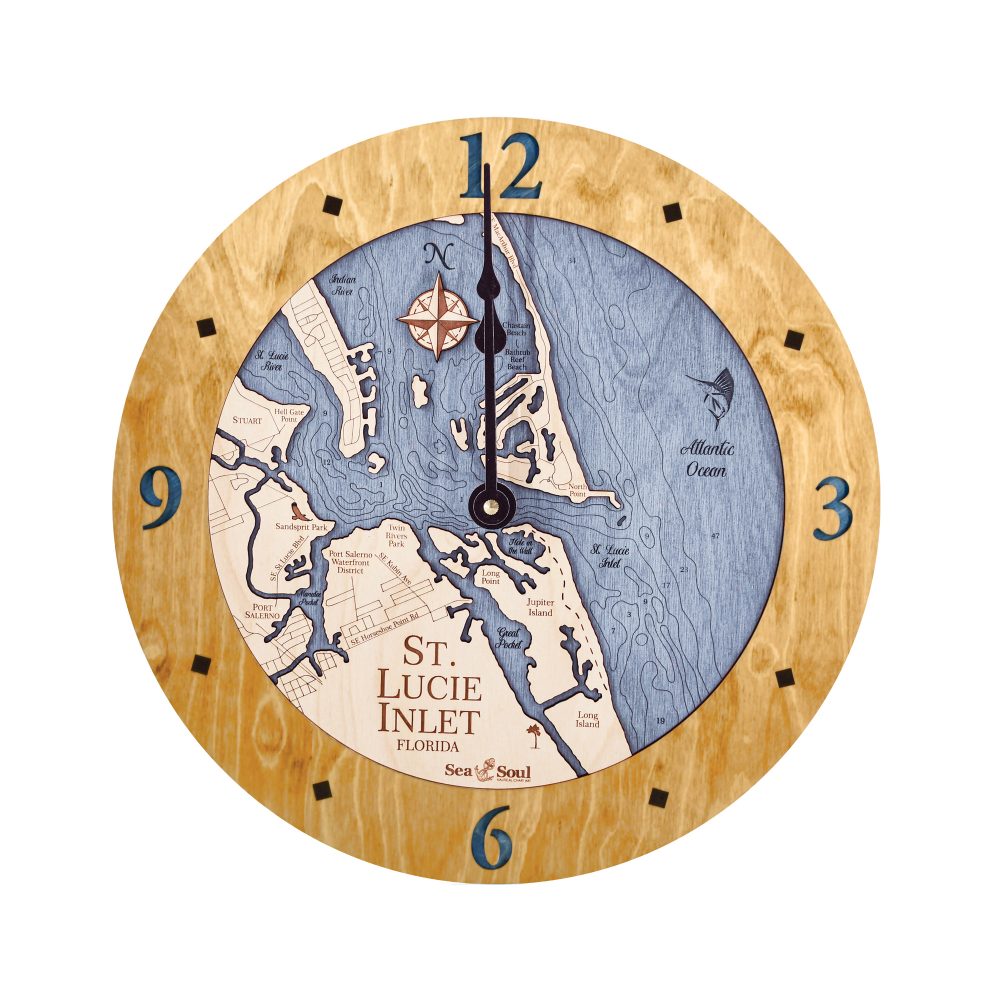 St Lucie Inlet Nautical Clock Honey Accent with Deep Blue Water