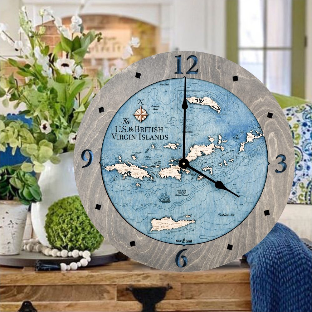 Virgin Islands Nautical Clock Driftwood Accent with Deep Blue Water Sitting on End Table