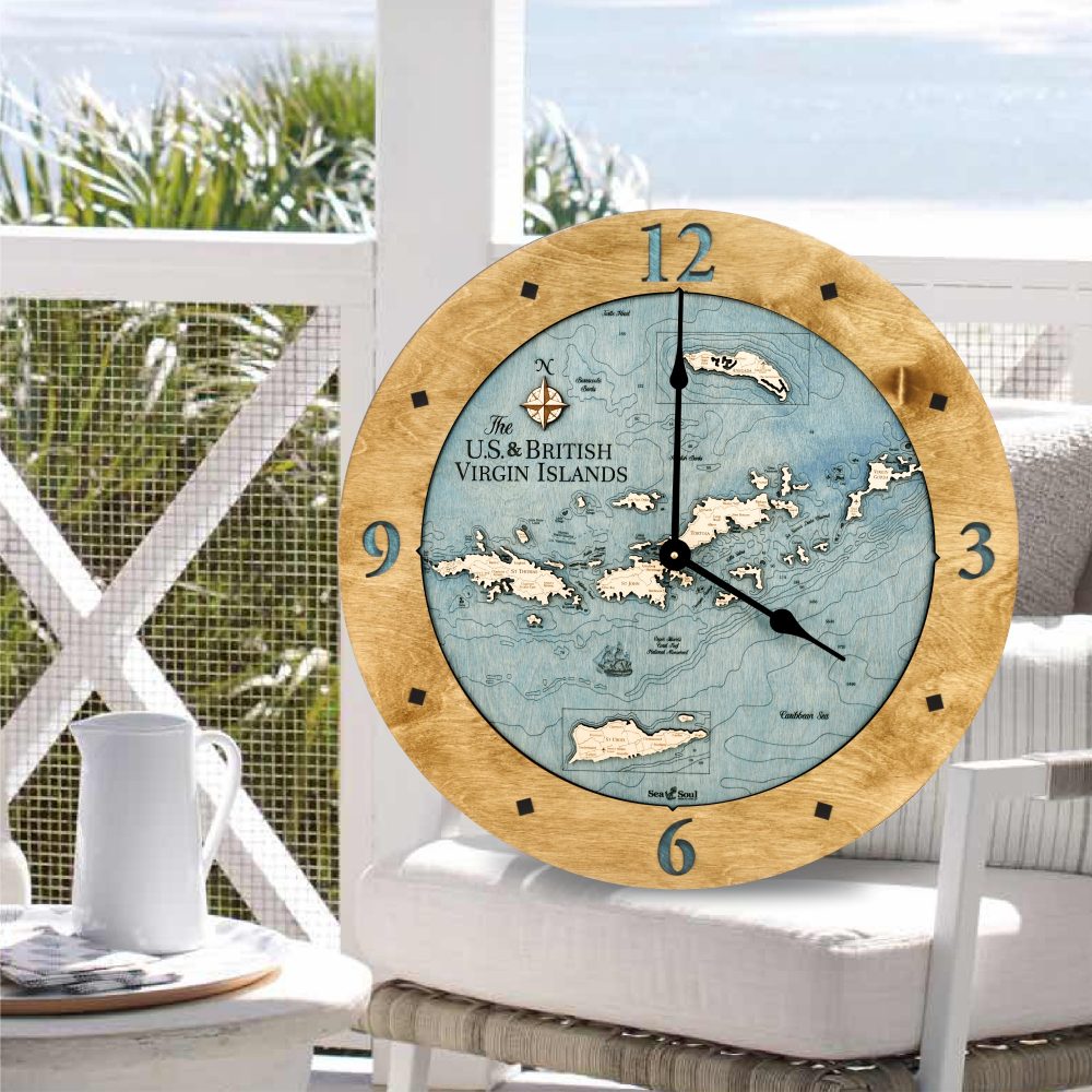 Virgin Islands Nautical Clock Honey Accent with Blue Green Water Sitting on Outdoor Chair