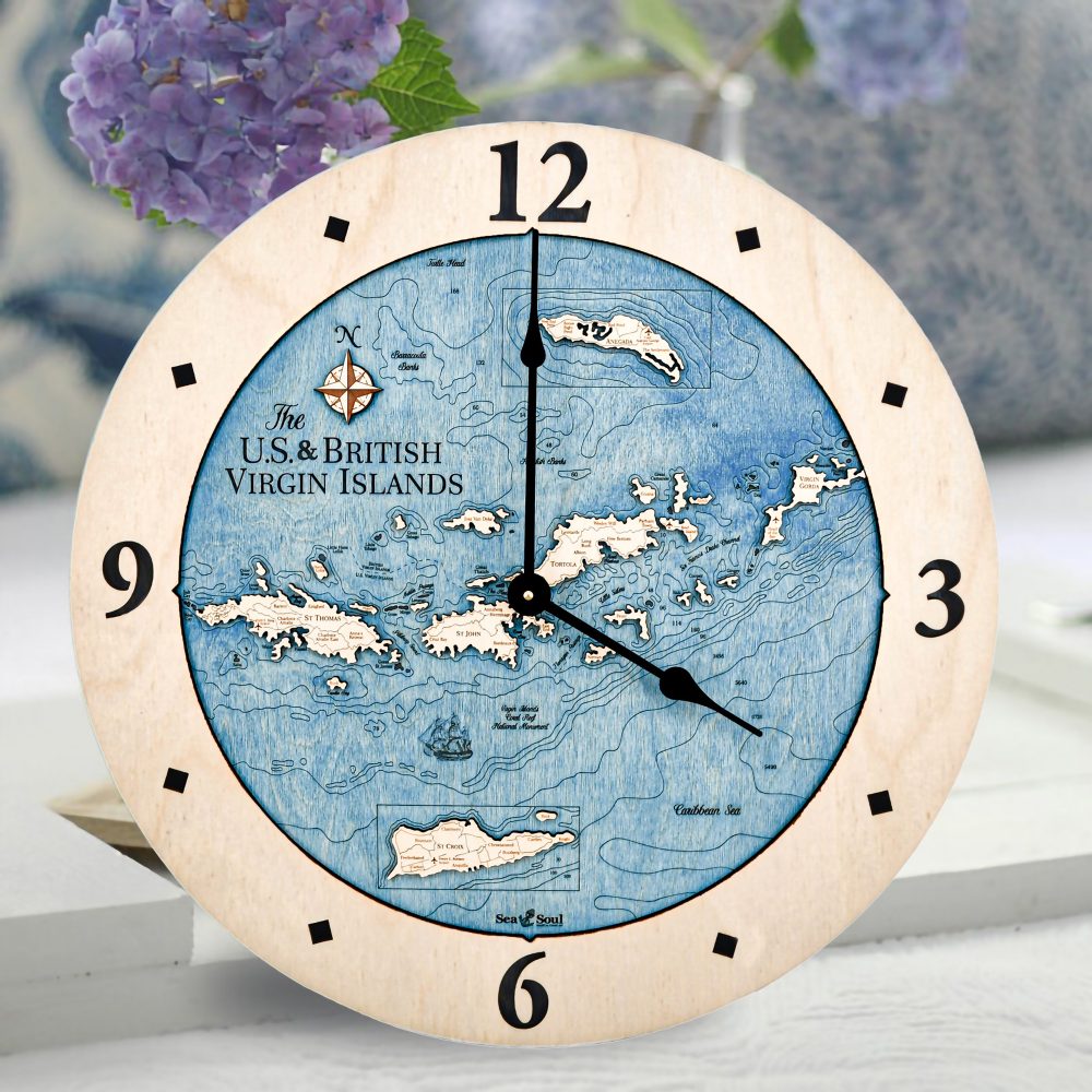 Virgin Islands Nautical Clock Birch Accent with Deep Blue Water Sitting on Table with Flowers