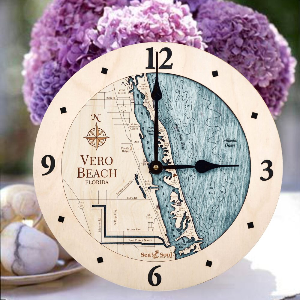 Vero Beach Nautical Clock Birch Accent with Blue Green Water Sitting on Table with Flowers