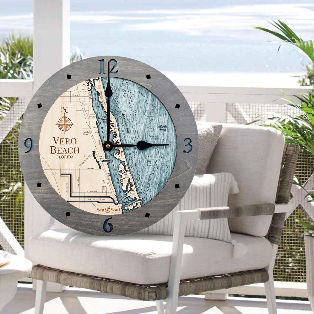 Vero Beach Nautical Clock Driftwood Accent with Blue Green Water Sitting on Outdoor Chair by Waterfront