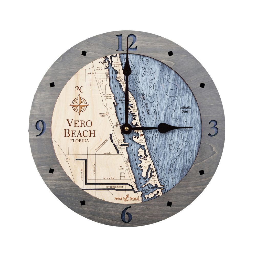 Vero Beach Nautical Clock Driftwood Accent with Deep Blue Water