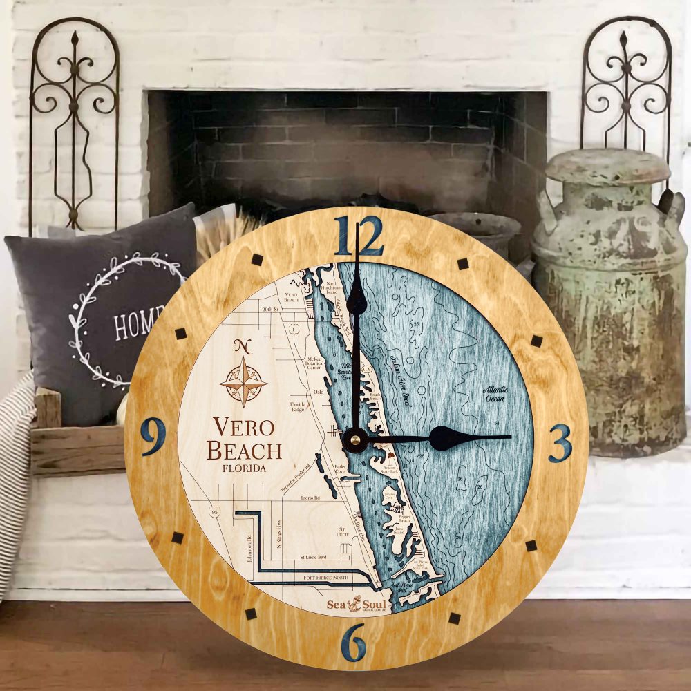 Vero Beach Nautical Clock Honey Accent with Blue Green Water Sitting by Fireplace