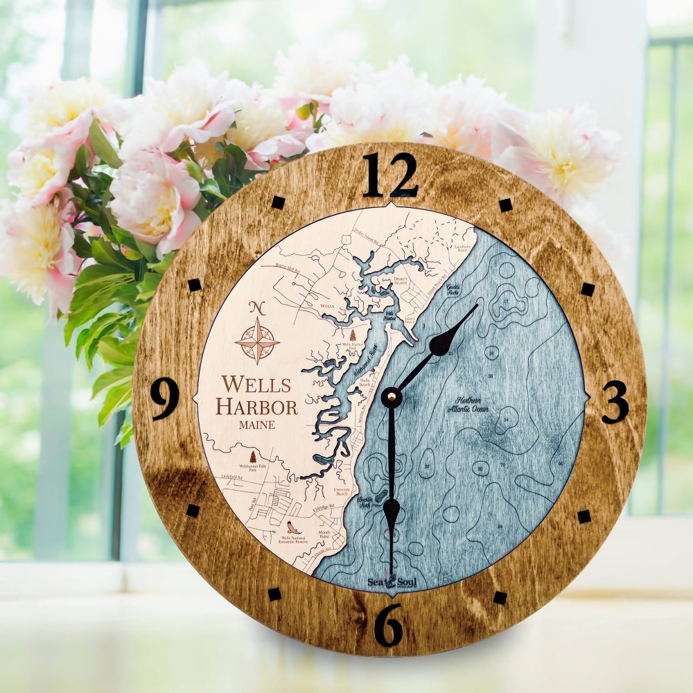 Wells Harbor Nautical Clock Americana Accent with Blue Green Water Sitting on Windowsill with Flowers