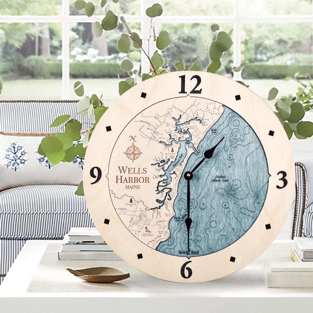 Wells Harbor Nautical Clock Birch Accent with Blue Green Water Sitting on Coffee Table